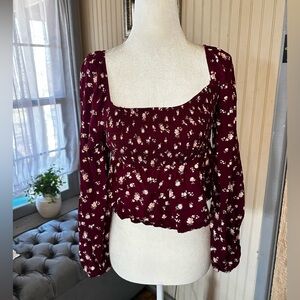 Hollister Burgundy Floral Smocked Long Sleeve Crop Top Small Cottagecore Boho